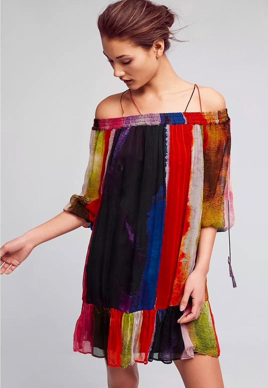 Floreat by Anthropologie Off Shoulder Painterly Rainbow Stripe Boho Tunic Large